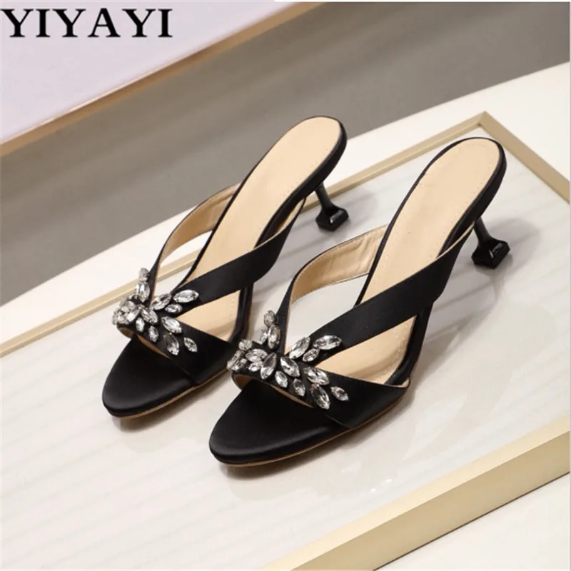 

Yiyayi Crystal Slippers Thin Low Heels Luxury Silk Hand Made Chaussures Femme Outdoor Shoes Genuine Leather Women Slippers Hot