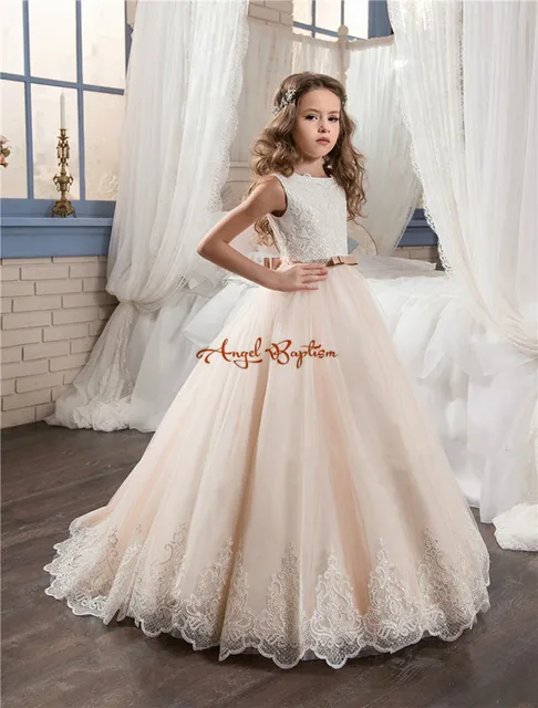 2018 Vintage Flower Dresses For Weddings Blush Pink Custom Made 2018 Vintage Flower Dresses For Weddings Blush Pink Custom Made Princess Liqued Lace Bow Kids