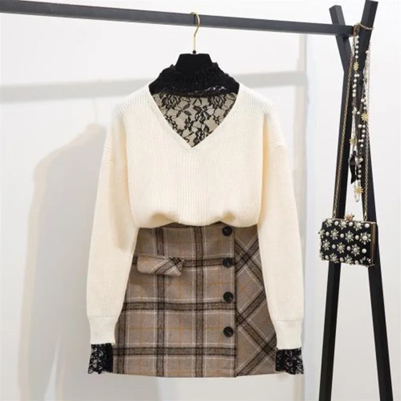 Осенне-зимний женский комплект из 2 предметов для подиума, полосатый вязаный Топ, свитер с длинными рукавами+ пуговицы, мини-шерстяная юбка