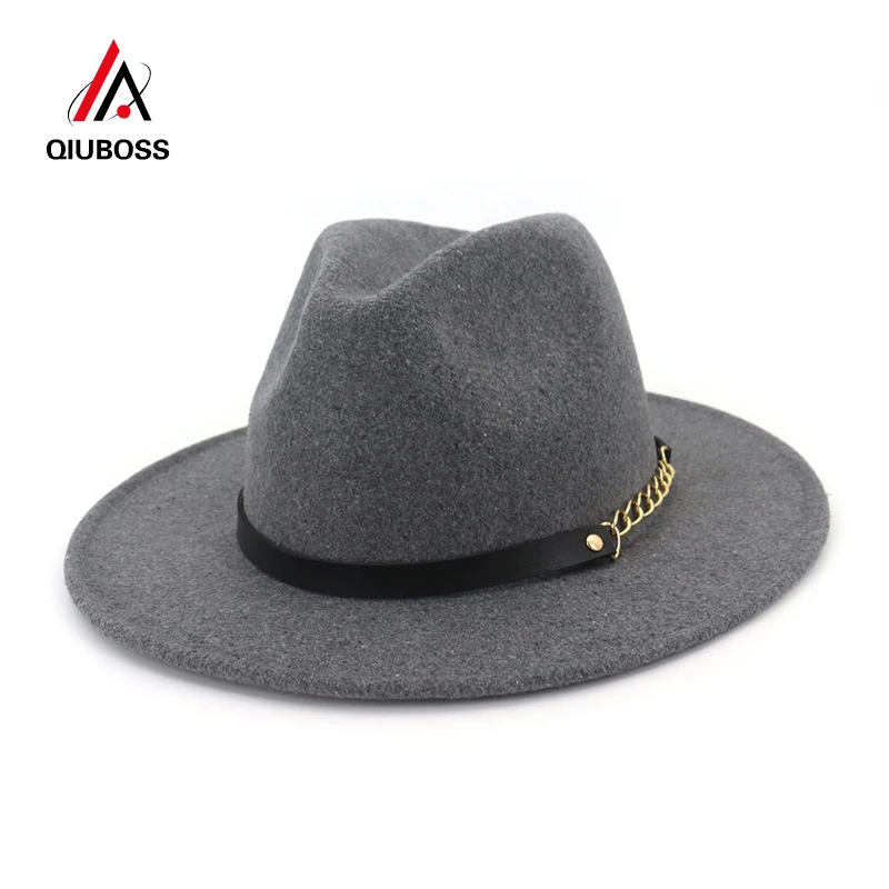 Cena QIUBOSS moda mężczyźni kobiety wełna Fedora kapelusz Trilby jazzowy kapelusz szerokim rondem filcowy Panama Cap Unisex Casual karnawał kapelusz QB138