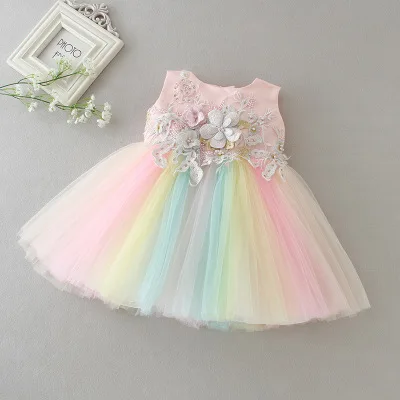 

2019 Christening Dress for Baby Girl Rainbow Tutu Dress for Party and Wedding 1st Year Girl Baby Birthday Newborn Tulle Dress