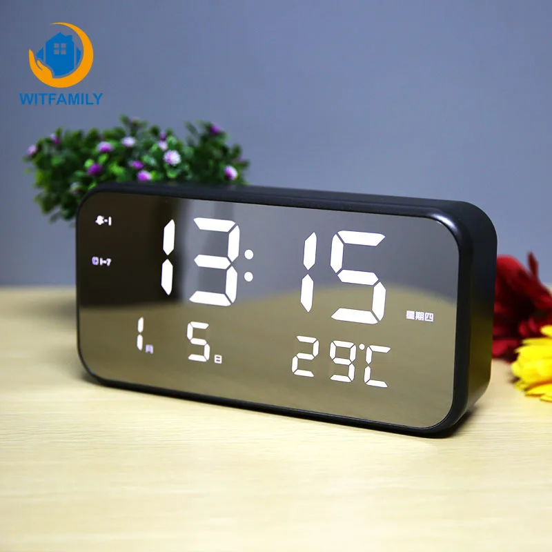  LED Digital electrónico Nixie reloj USB carga gran número pantalla despertador reloj espejo tempera