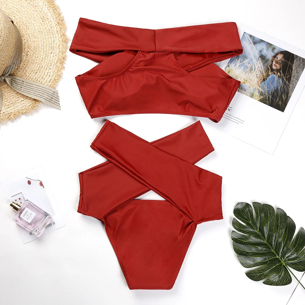 Модный стильный купальный комплект, женское сексуальное бикини, Раздельный однотонный красный пляжный купальник, бюстгальтер на бретелях, высокая талия, купальный костюм, бикини