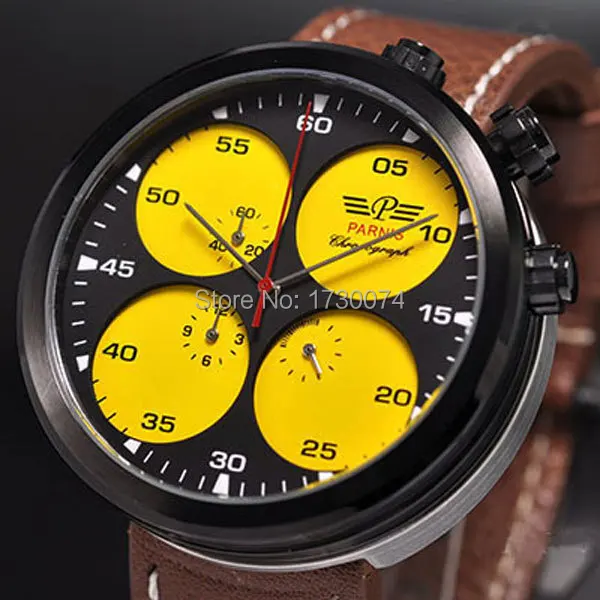 

Parnis watch 48mm black yellow Sandwich dial chronograph quartz movement black case Men's watch P56