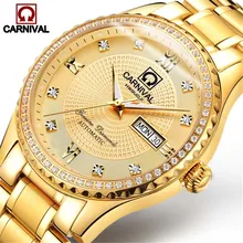 Carnival Luxury Fashion Couple Watch Automatic Mechanical Wristwatch for Men Gold Stainless Steel Waterproof Mens Watches saat