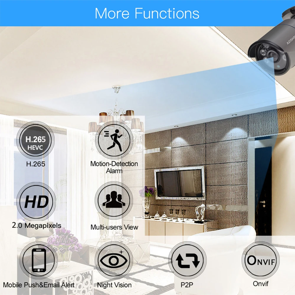 IP камера AZISHN H.265 1080P 2.0MP SONY IMX323 Sensor 6 шт. водонепроницаемая ссtv ONVIF P2P с датчиком