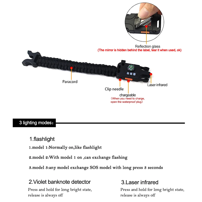 7 в 1 Паракорд выживания браслет многофункциональный лазерный фонарик браслет ручной работы инфракрасный для кемпинга оборудование инструмент