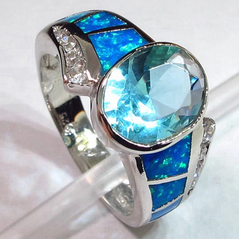 

SHUNXUNZE luxury vintage Wedding rings Jewelry for women alliance Blue Cubic Zirconia and Blue opal Rhodium Plated R358 size 7