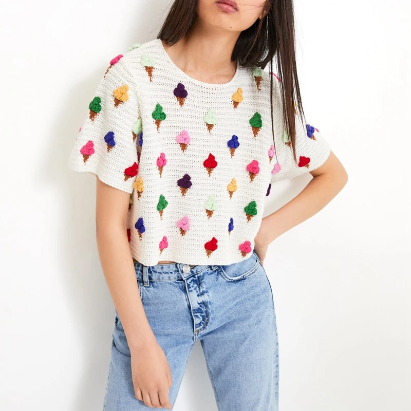 

Summer Flare Sleeve Knit Tshirts Women O neck Knit Crop Tops Plus Size Loose Casual Tops WB9382