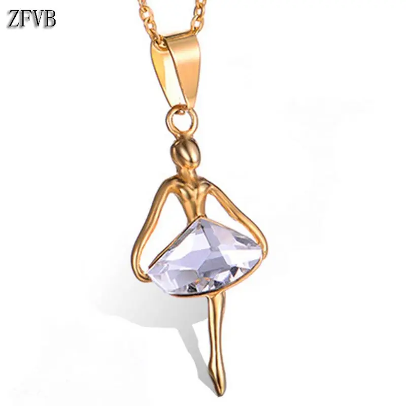 

ZFVB Women Ballerina Pendants Necklaces Jewelry Gold color Stainless Steel Fashion CZ Zircon Dancers Necklaces Party Gifts