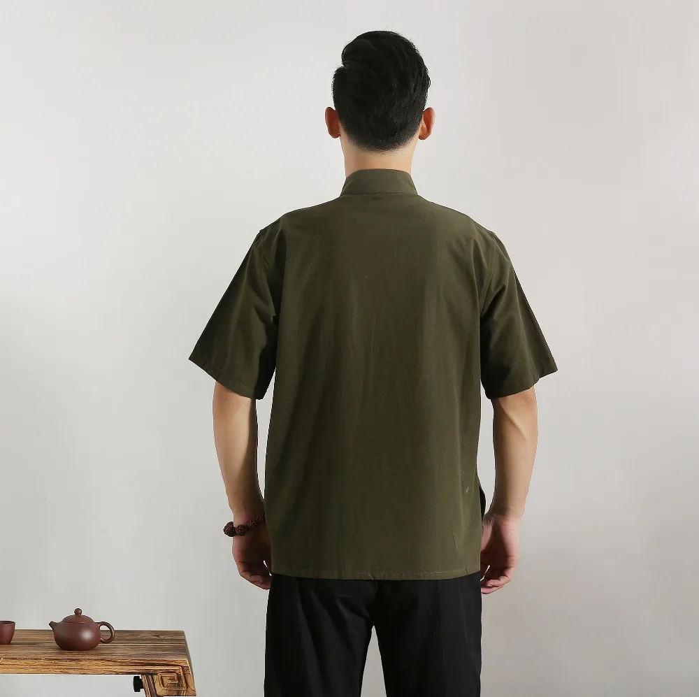 Мужской костюм танга с короткими рукавами из 100% хлопка, топ, мужской костюм кунг-фу тай-чи, рубашка, блузка, традиционная китайская одежда