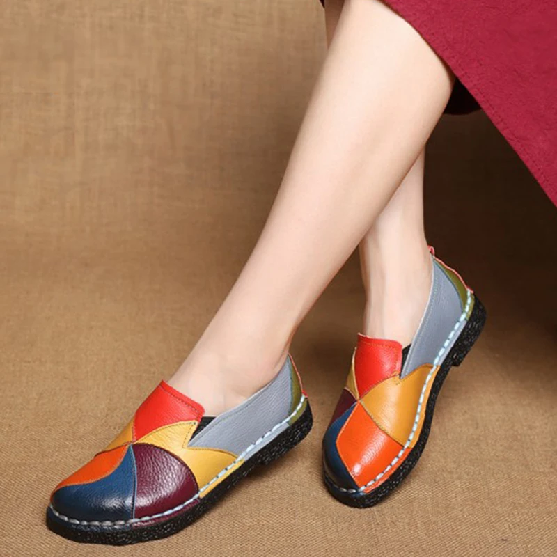 Этническая Стиль ручной работы Пояса из натуральной кожи Мягкая обувь женские Разноцветные Повседневные туфли на плоской подошве с цветочным принтом обувь с круглым носком обувь