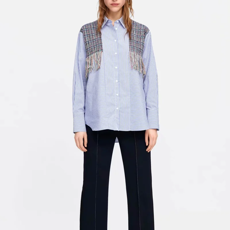 

ZA Spring 2019 New Patchwork Women's Wear Striped Long-sleeve Casual Shirt