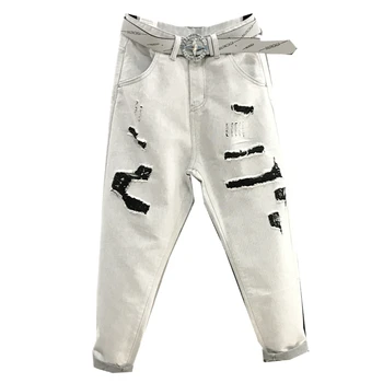 

2020 summer new fashion jeans hit color hole women high waist loose ankle length harem pants plus size 26-31