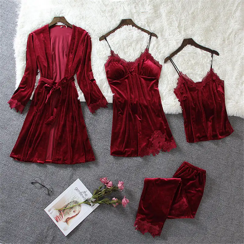 

Brand Hot 4pcs Women Gold Velvet Warm Winter Pajamas Sets Female Sexy Lace Robe Pajamas Sleepwear Sleeveless Nightwear Homewear