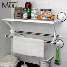Kitchen Bathroom shelf wall mounted suction cup single layer plaste rack with bar and hook hanging wall storage holder