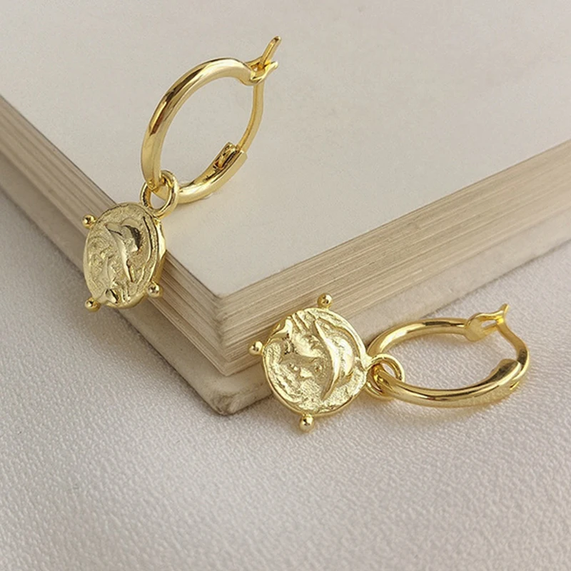 

Abstract Portrait Pendant 925 Sterling Silver Earrings For Women Gold Circle Ear Buckle Concave-convex Carving Drop Earrings