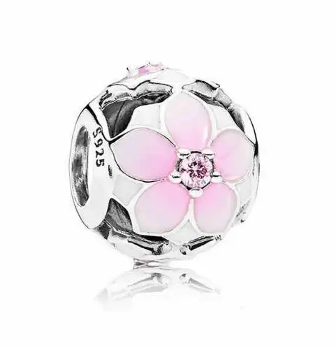 

2017 Spring 925 Sterling Silver Magnolia Bloom,Pale Cerise Enamel Charm Fit Original Pandora Charm Bracelet Authentic Jewelry