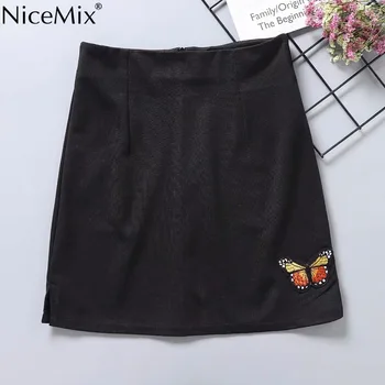 

NiceMix 2019 Women's High Waist Skirt Fashion College Solid Bottom Embroidery Mini Skirts Shorts Spring Split Safe Short New