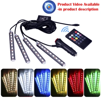 

4X 9LED Sound Voice Controller Car Interior RGB Strip Light Atmosphere Lamp Foot Decorative Light Lamp+24 Keys Remote Control