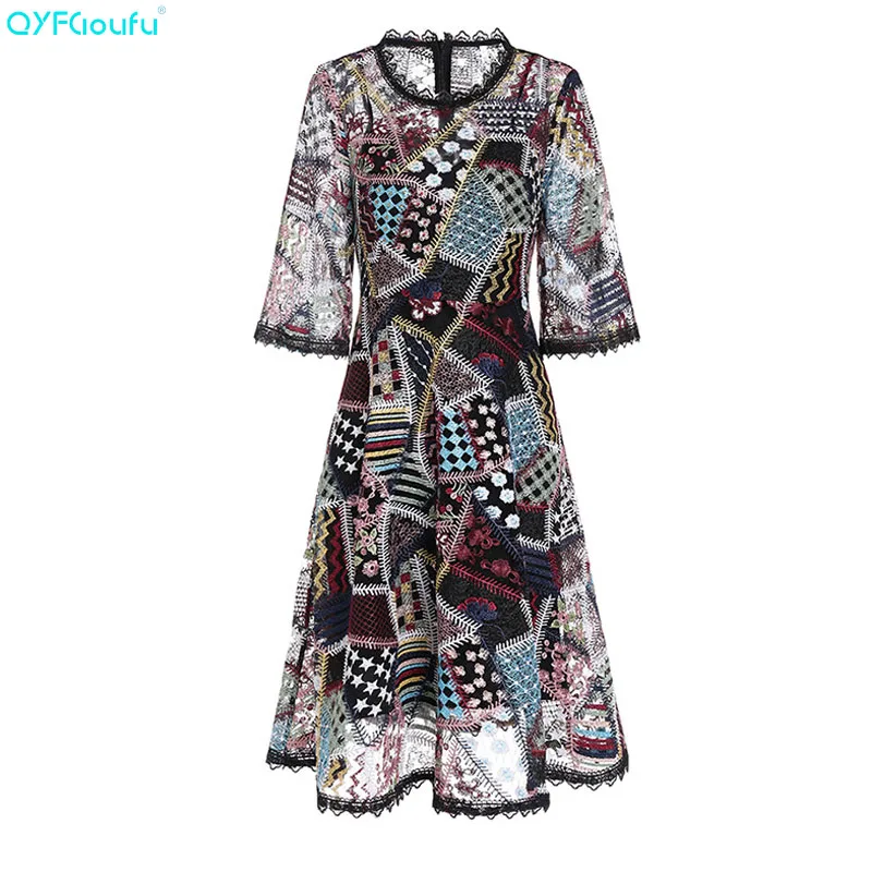 

QYFCIOUFU 2019 Summer Elegant Luxury Dress Women 3/4 Sleeve Floral Embroidery Runway Dress Designer High Fashion Beading Dress