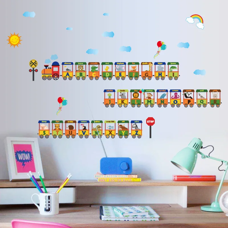 

Cartoon English Letter Train Wall Sticker A-Z Animal English Words Education Learning Wall Stickers for Kids Rooms balloon decor