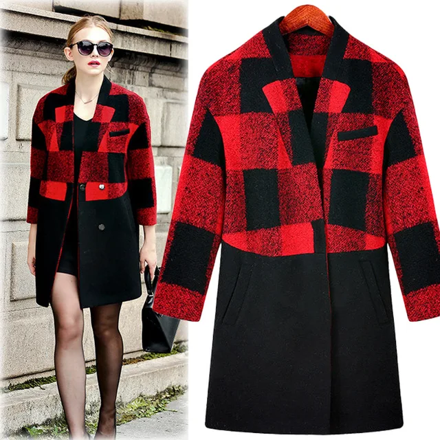2018 New Winter Long Sleeve Red Plaid Wool Coat Plus Size Women Clothes Cashmere Coatsin Wool