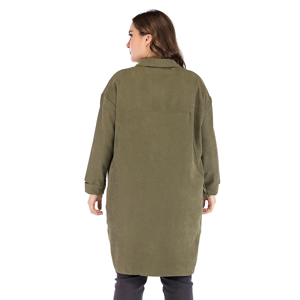 Drop Shipping Women S Fashion Long Coat Trench Army Green Corduroy Abrigo Mujer Oversized Clothes Wear Casual Button Open Top