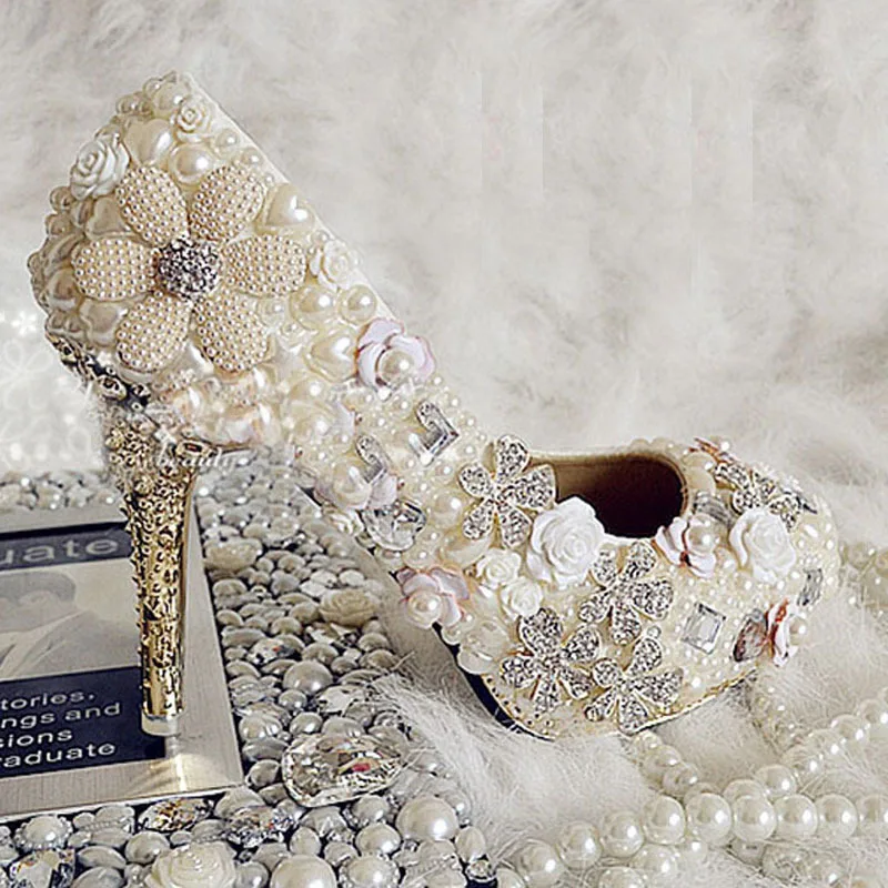 Elegant Wedding Shoes Rhinestone Imitation Pearl Bridal Shoes 10cm High Heel Honeymoon Shoes Banquet Evening Party Prom Shoe