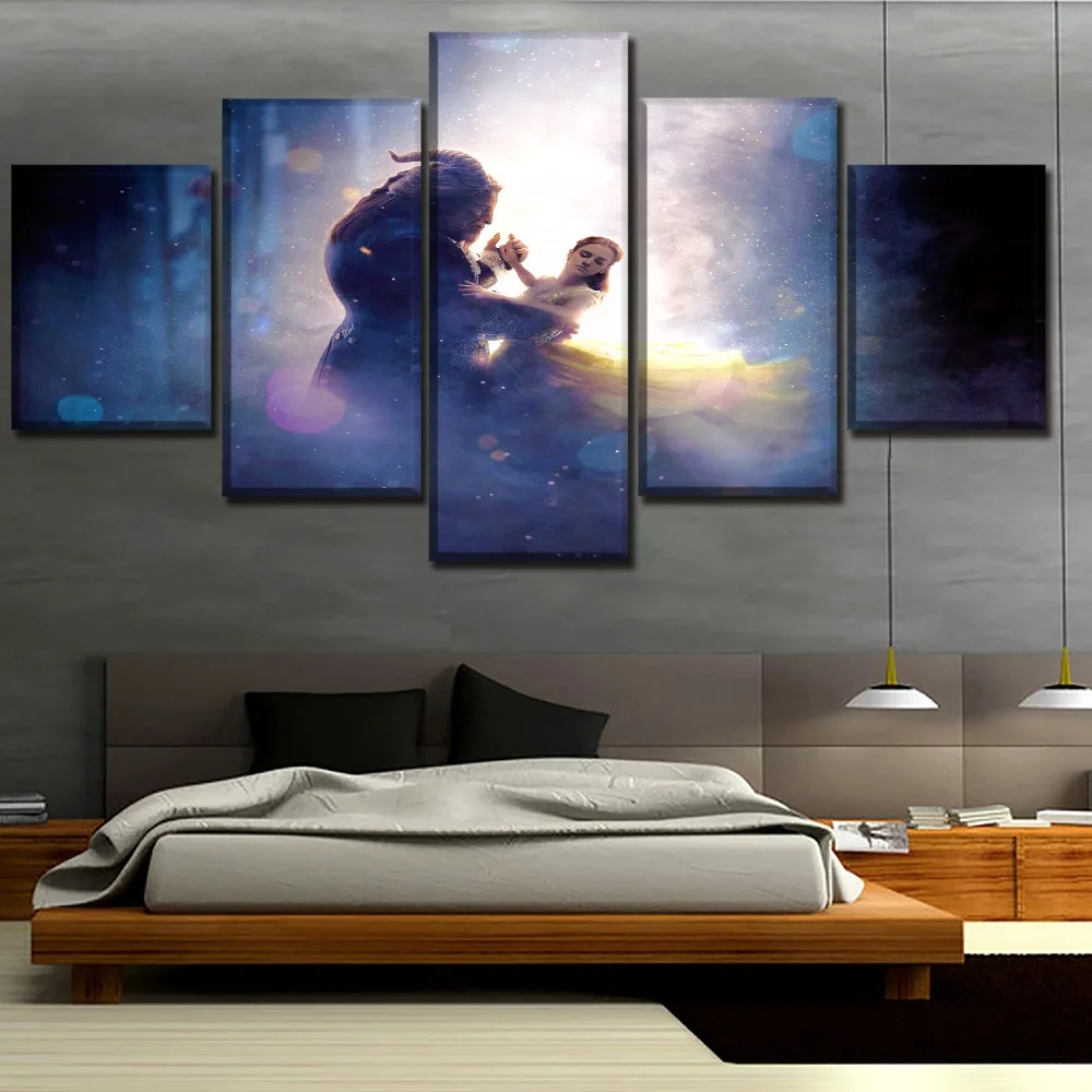 Us 5 72 48 Off Modern Painting Frames 5 Panel Movie Beauty And The Beast Dancing Poster Wall Picture Home Decor Print On Canvas For Boys Room In