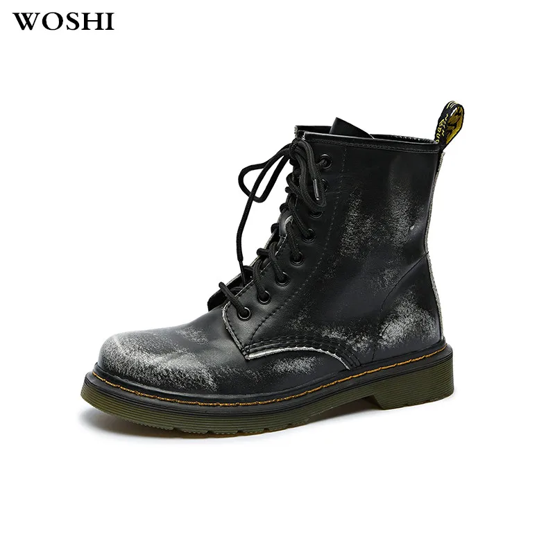 

Women Boots Shoes Woman Fall Genuine Leather Lace Up Shoes fashion Flat Mid-Calf Boots Lace-up Combat Martin Boots Ladies Shoes