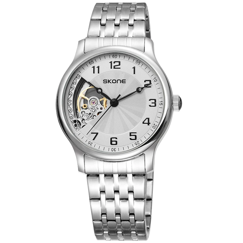 SKONE Men s Fashion Skeleton Automatic Mechanical Watches Men Luxury Brand Business Dress Silver Steel Band