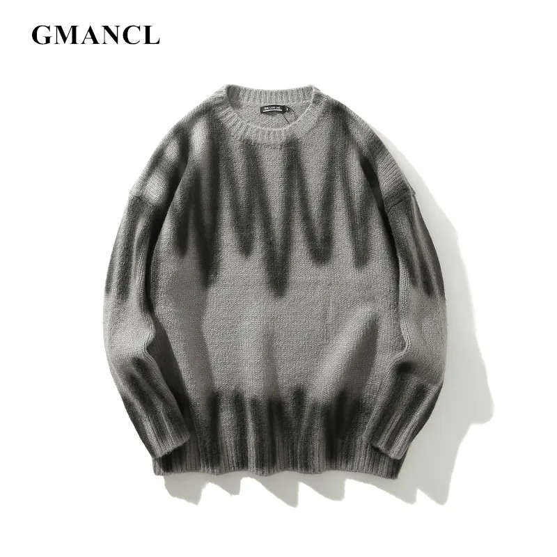 

High quality comfortable soft wool warm Men winter new oversized Sweater fashion Vintage Wave pattern gray Pullovers sweater