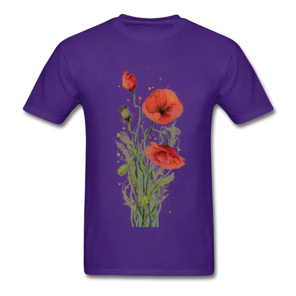 100% Cotton Young Short Sleeve Red Poppies Watercolor T-Shirt Summer Tops Shirt Plain Crazy Crew Neck Tee-Shirts Red Poppies Watercolor purple