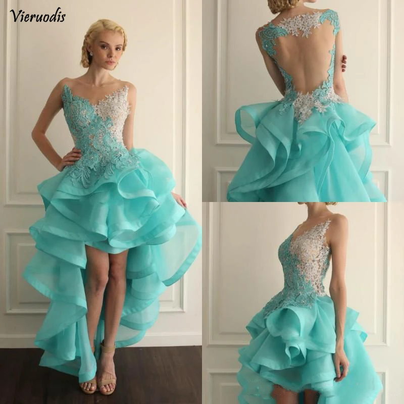 68-1             Jewel Sheer Neckline High Low Short Homecoming Dresses Turquoise Prom Gowns With Lace Applique Backless Ruffles Cocktail Gowns Custom Made