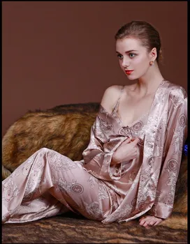 

HIMEALAVO 3 Pcs Robe Pajama Pants Sets 2017 New Fashion Ladies Sleep Lounge Dragon Print Night Shirt Female Pajama sets