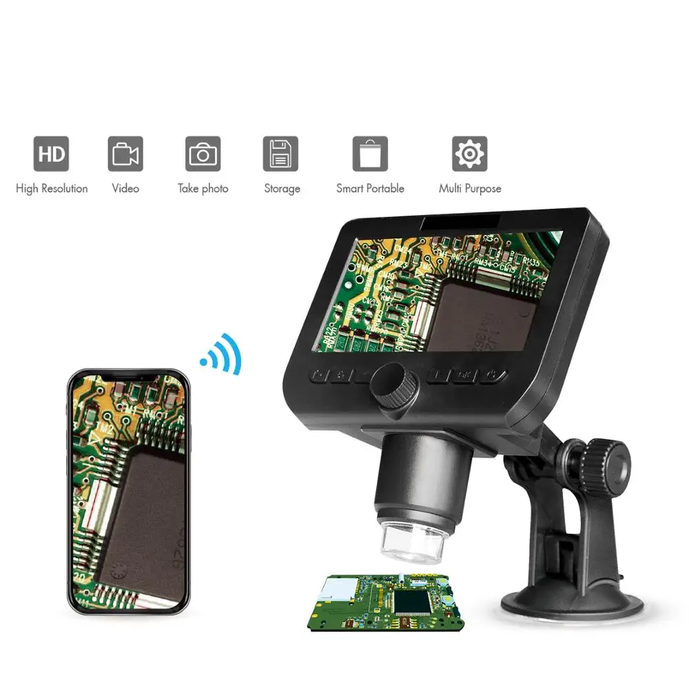 

1000X 2.0MP Wireless WiFi Microscope 4.3"HD Screen 8 LED Light 1080p Camera Magnifier with Suction Cup Base 1pc