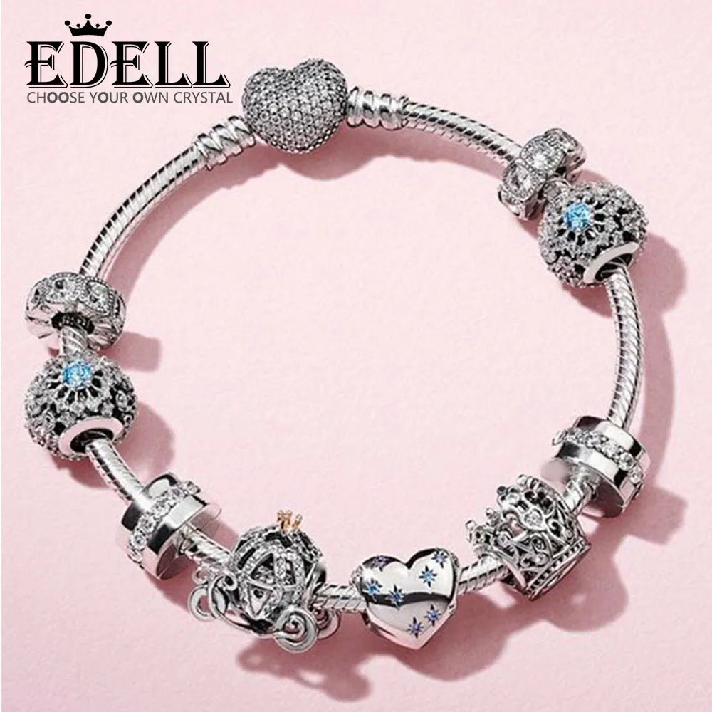 

EDELL 100% 925 Sterling Silver 1:1 Classic Fairy Tale Snowflake DREAM Pompoen Koets CHARM Crown Beaded Bracelet Set