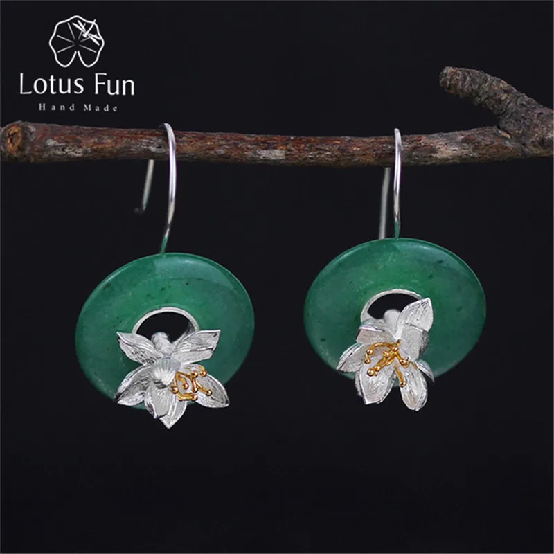 Lotus Fun Real 925 Sterling Silver Natural Stone Creative Handmade Fine Jewelry Lotus Whispers Drop Earrings for Women Brincos