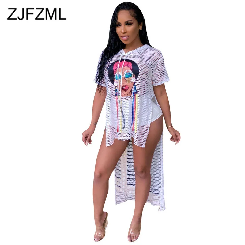 

Character Print Casual T Shirt Dress Women Side High Split Front Short Back Long Dress Summer Hollow Short Sleeve Hooded Dress