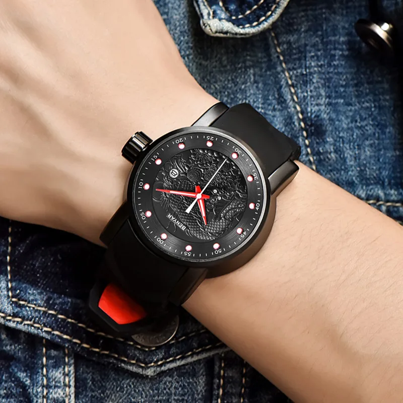 BENYAR Zodiac Dragon Mens Watches Military Army Top Brand Luxury Sports Casual Waterproof Watch Sil