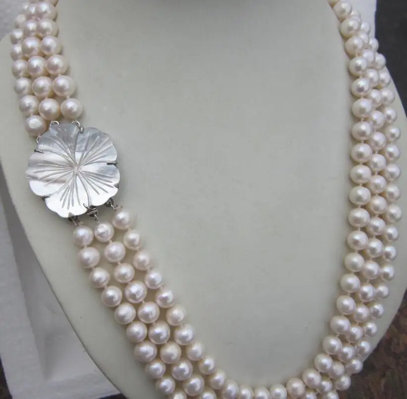 

Free Shipping >>>>>3 ROW 8-9MM natural south sea white Pearl Necklace