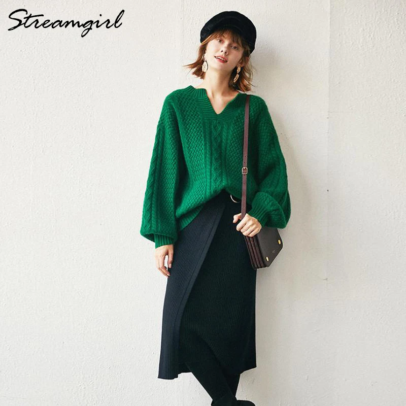 Весенний кашемировый свитер женский вязаный пуловер женский джемпер зеленый шерстяной ретро свитер женский свободный пуловер с рукавом летучая мышь
