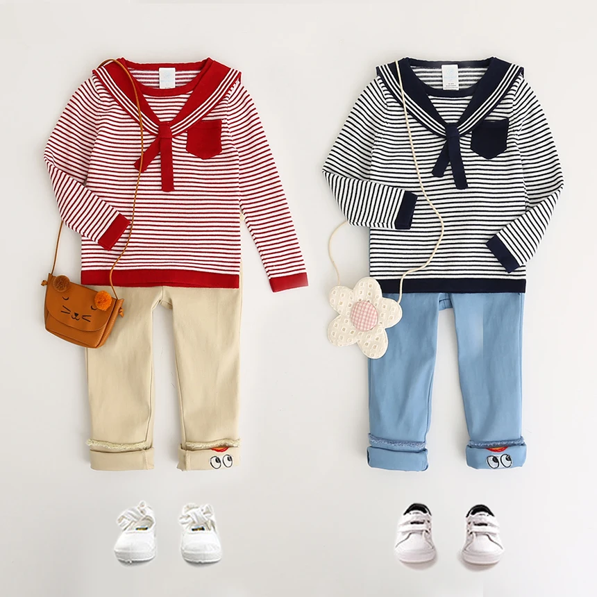 Toddler Girls Preppy Style Bow Sweaters Autumn Spring Children Striped