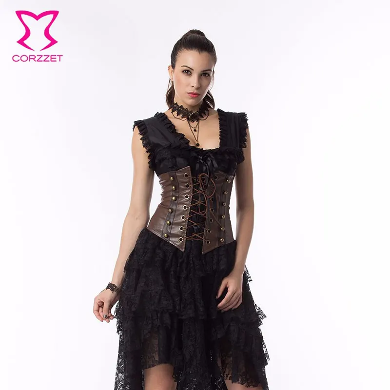 Corzzet Brown Faux Leather Underbust Corset Body Shaper Corselet Sexy