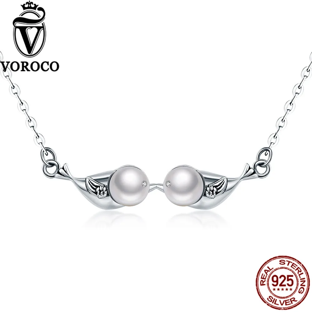 

VOROCO 100% 925 Sterling Silver Natural Freshwater Pearls Inseparable Wings Bird Necklace For Women Wedding Fine Jewelry