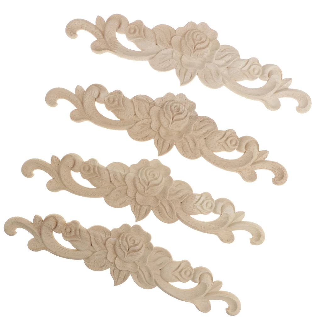 4pcs Retro Unpainted Floral Wood Carved Decal Corner Applique Frame For Home Furniture Wall Cabinet Door Decor