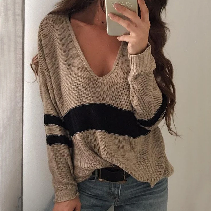 

V-neck Knitted Loose Sweater Women Striped Patchwork Jumpers Casual Autumn Winter Pullovers Tops