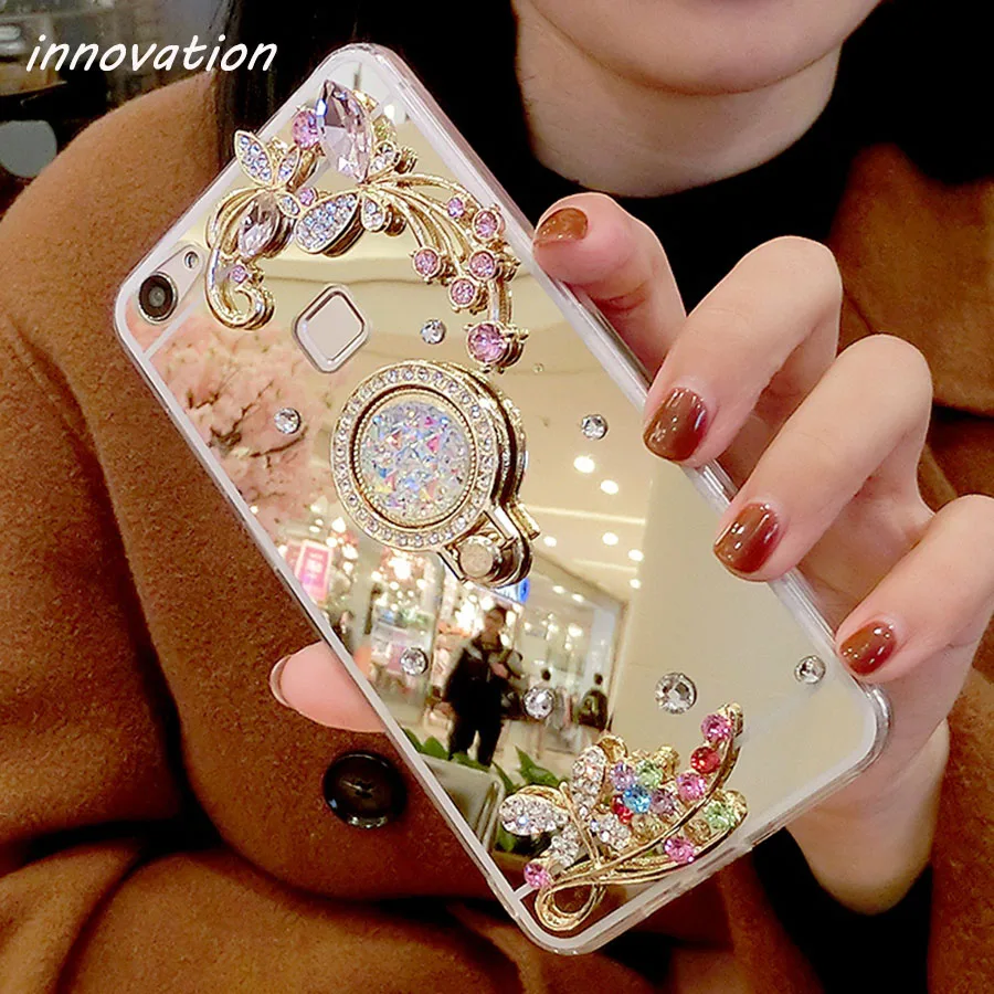 

Innovation Case For iphone 7 Plus Diamond Mirror TPU Back Phone Cover For iphone 7plus Capa Luxury With Finger Ring Holder Stand