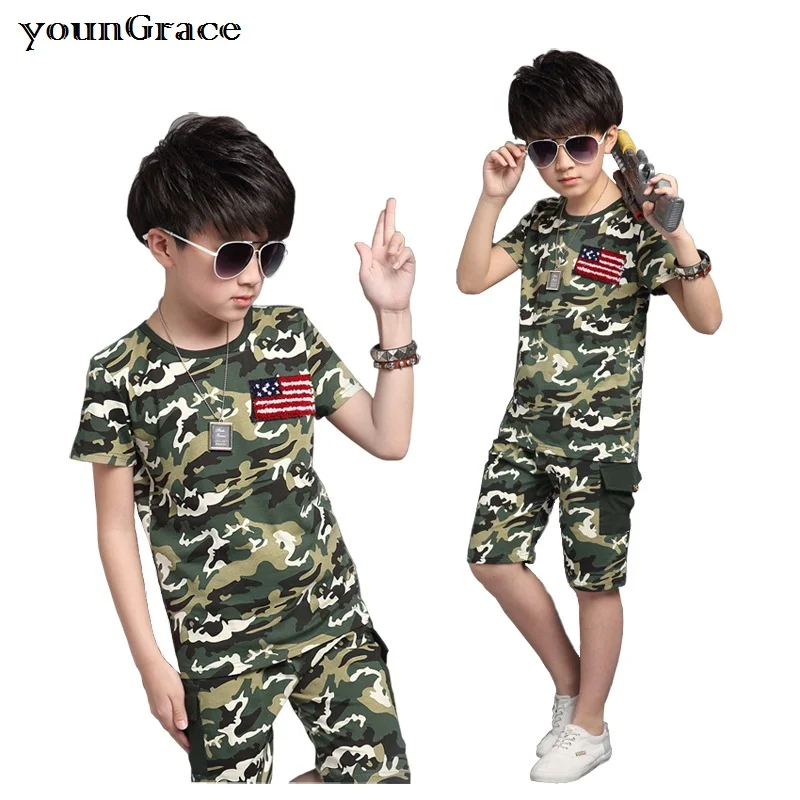 

2016 New Big Boys Summer Camouflage Shorts Set Brand American Style Children Summer Beach Track Suit for Boys Camo Outwear, C233
